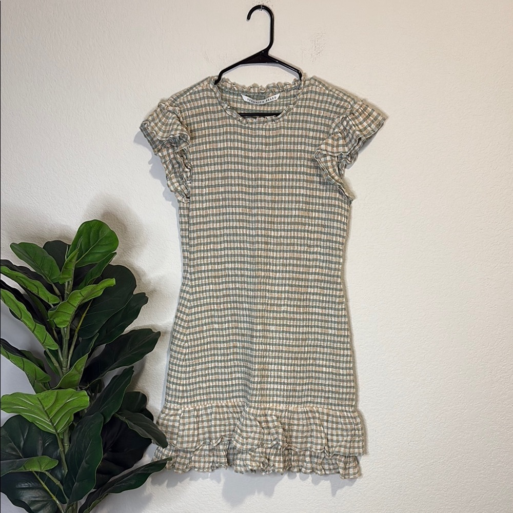 Veronica Beard cici smocked Checkered Dress in green and cream